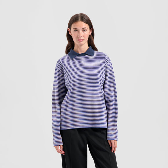 Stripe LS Polo - Hazy Blue