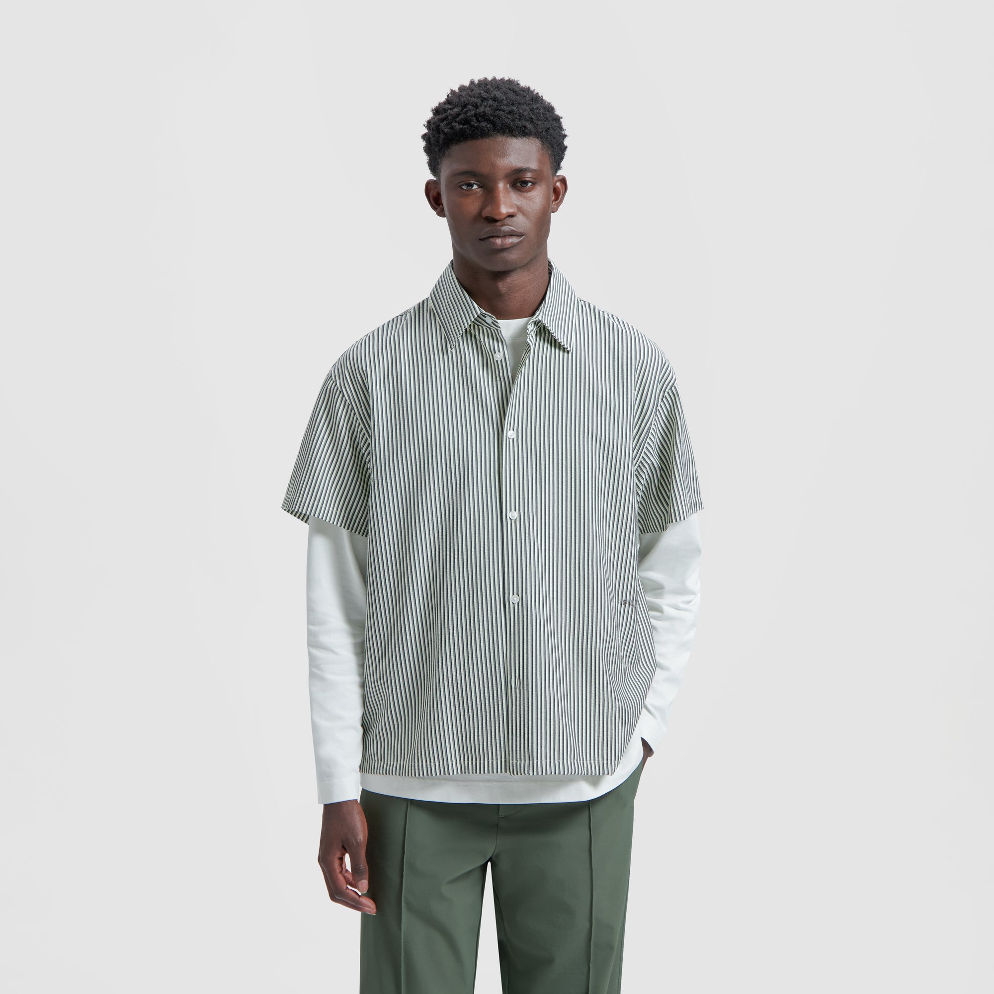 Boxy Seersucker Stripe SS Shirt - Charcoal Grey – OLAF