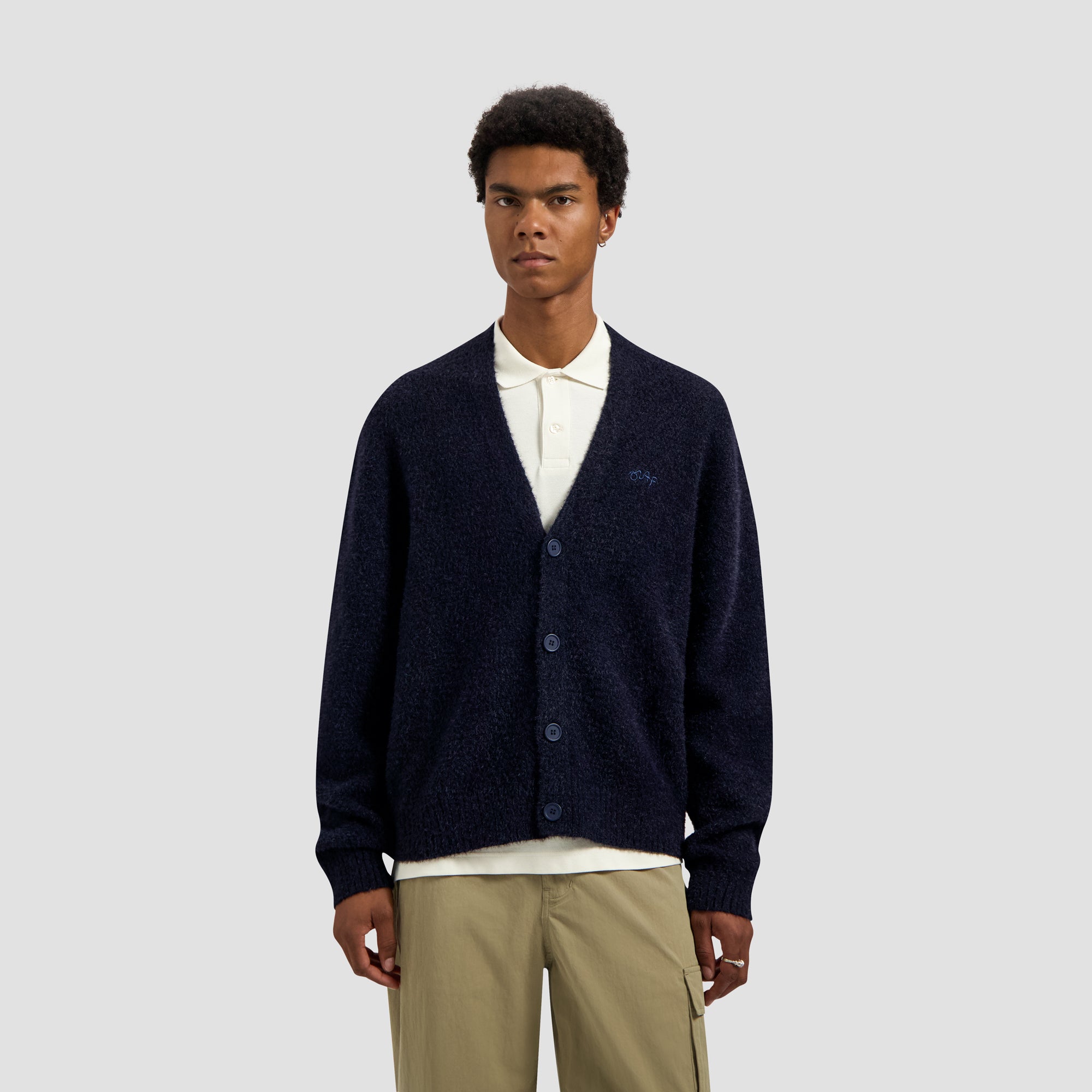 philme mix knit cardigan (unisex、navy) Signature Knitted Cardigan - Navy – OLAF
