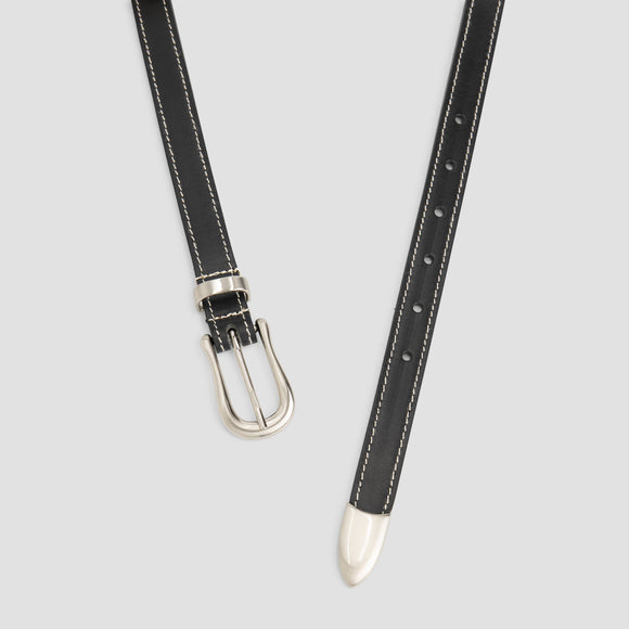 Contrast Stitch Leather Belt - Black
