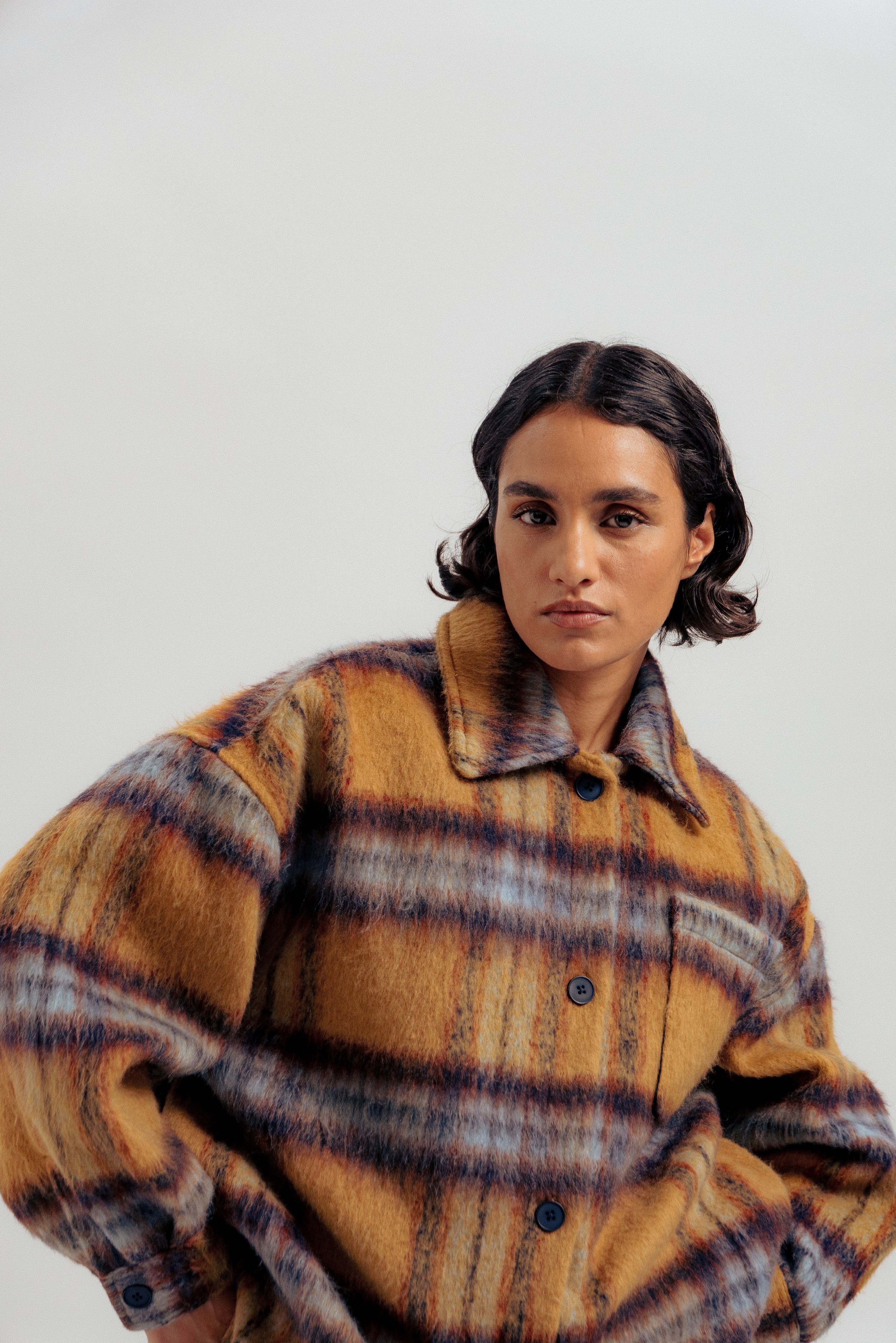 WMN Blur Wooly Shacket - Ochre Check