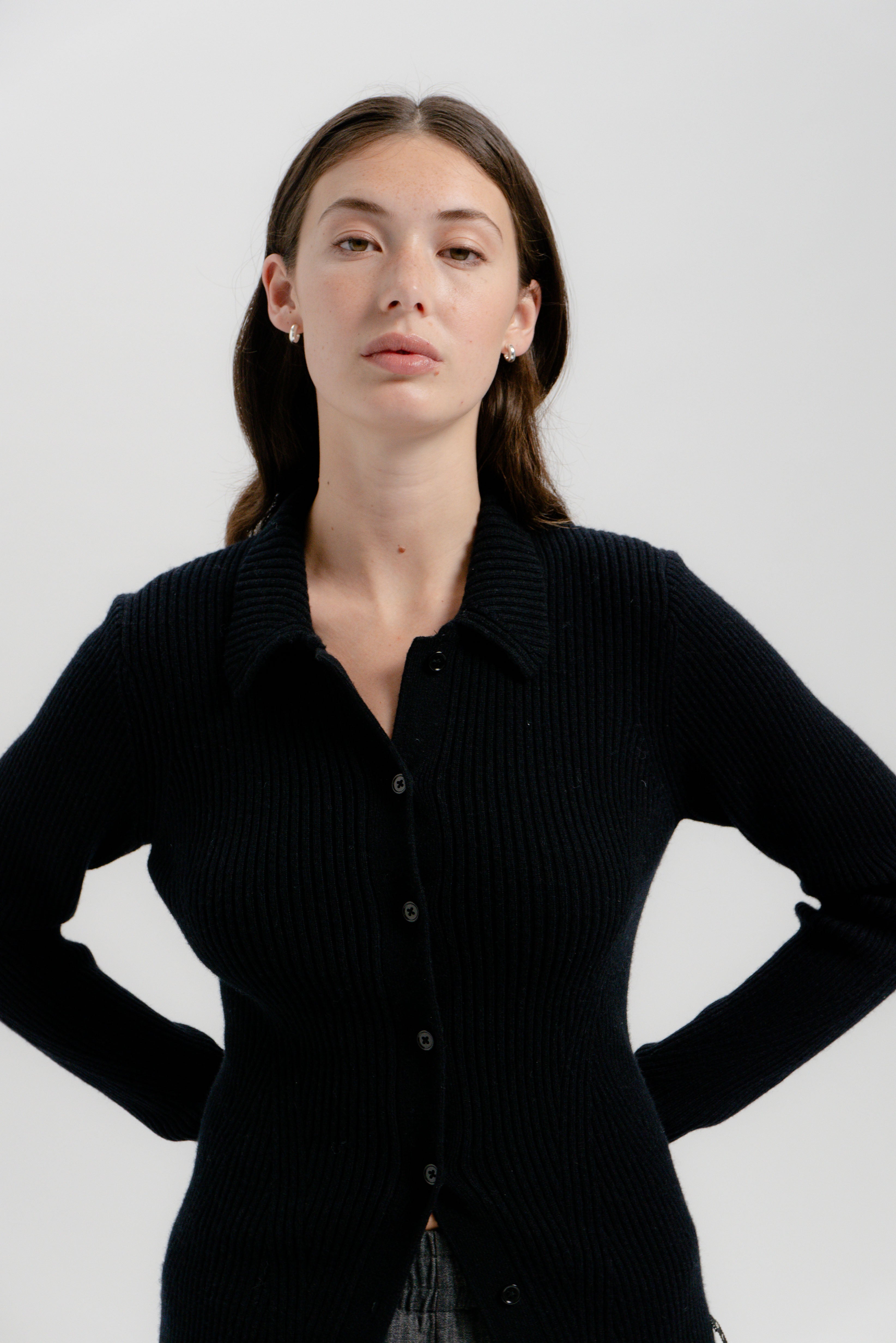 Merino Ribbed Knit Cardigan - Black