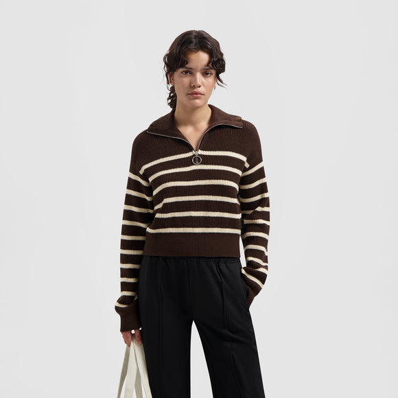 WMN Knit Zip Mock - Brown / Off White