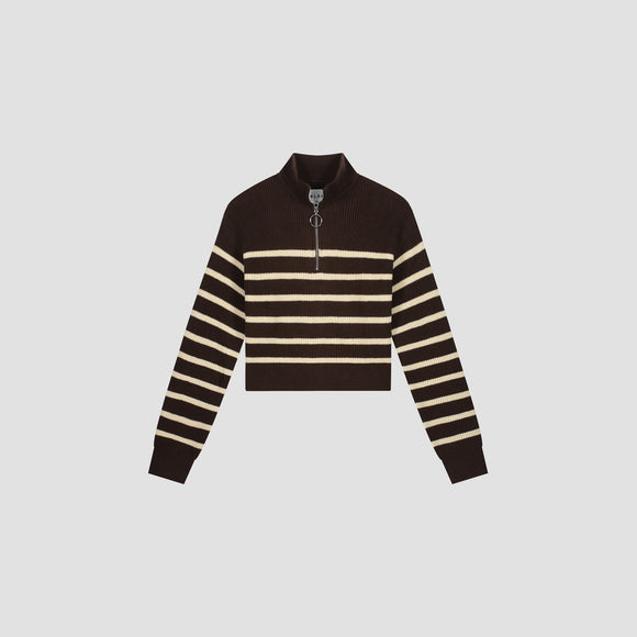 WMN Knit Zip Mock - Brown / Off White