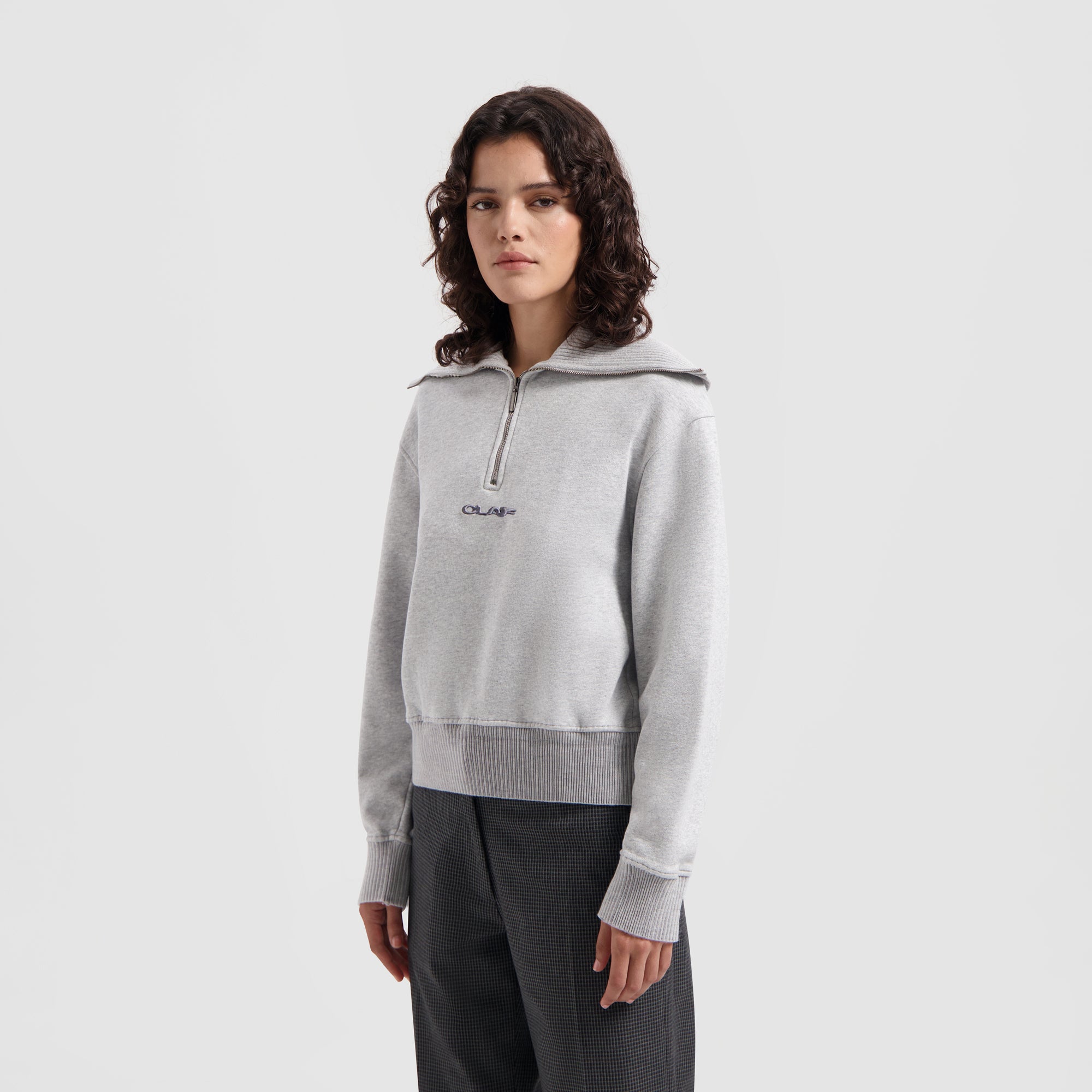 WMN Rib Zip Mock - Grey Melange