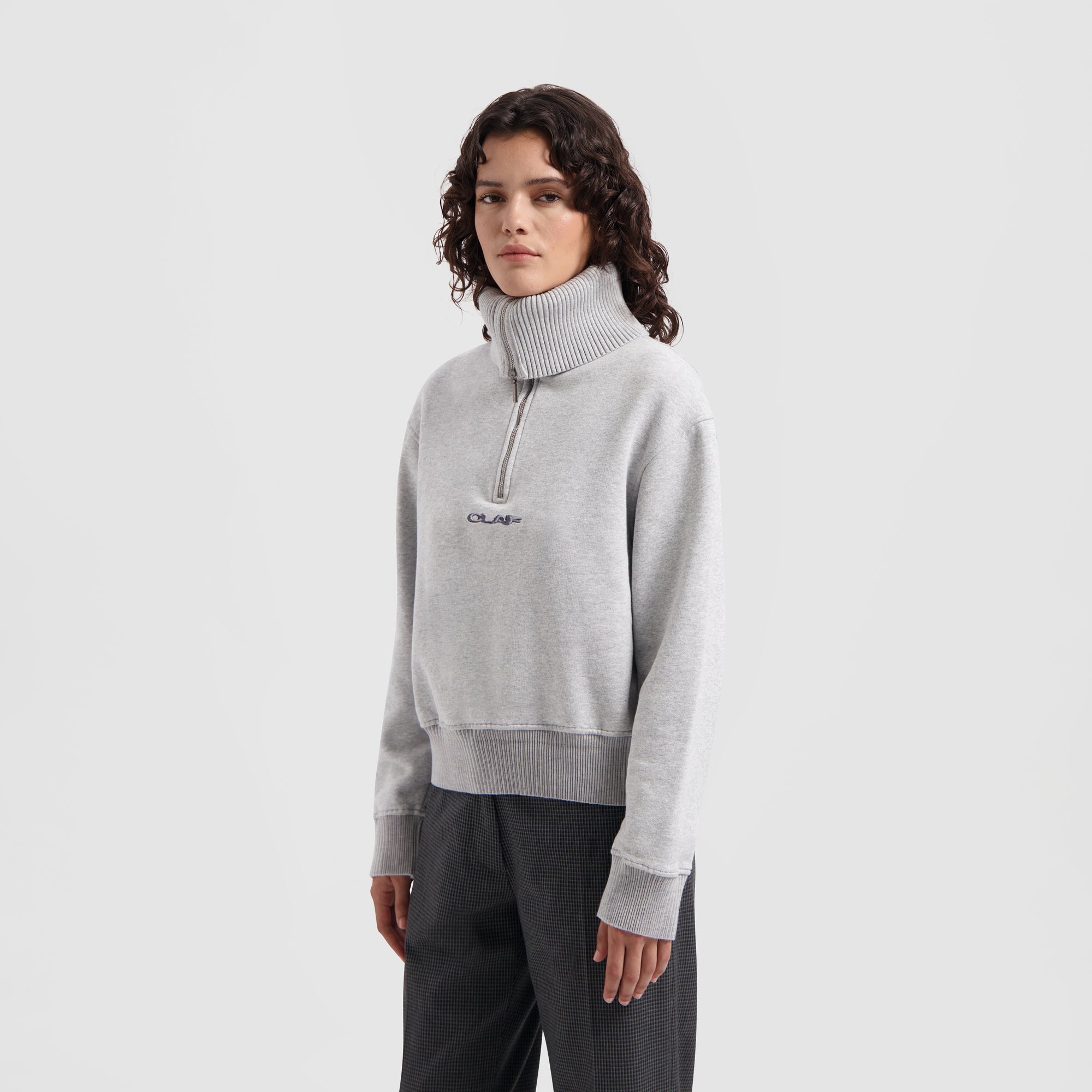 WMN Rib Zip Mock - Grey Melange