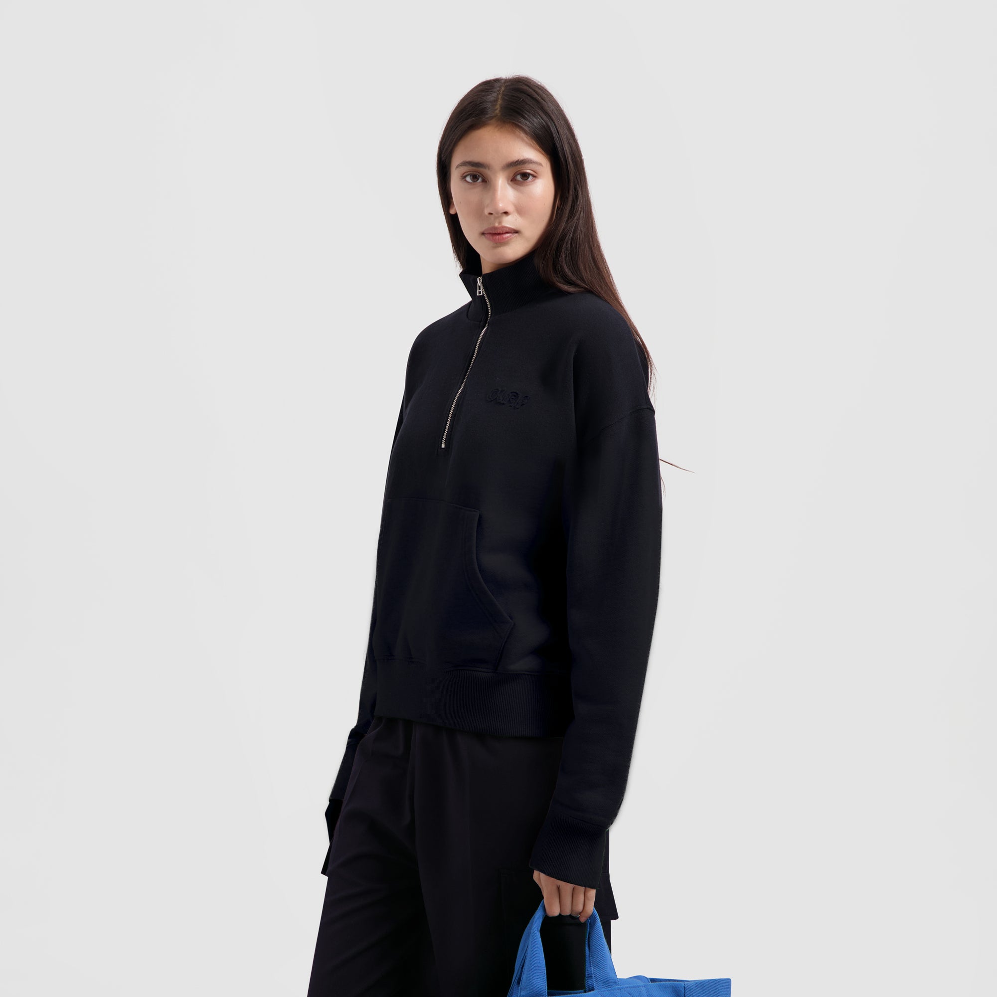 WMN Outline Logo Zip Mock - Black