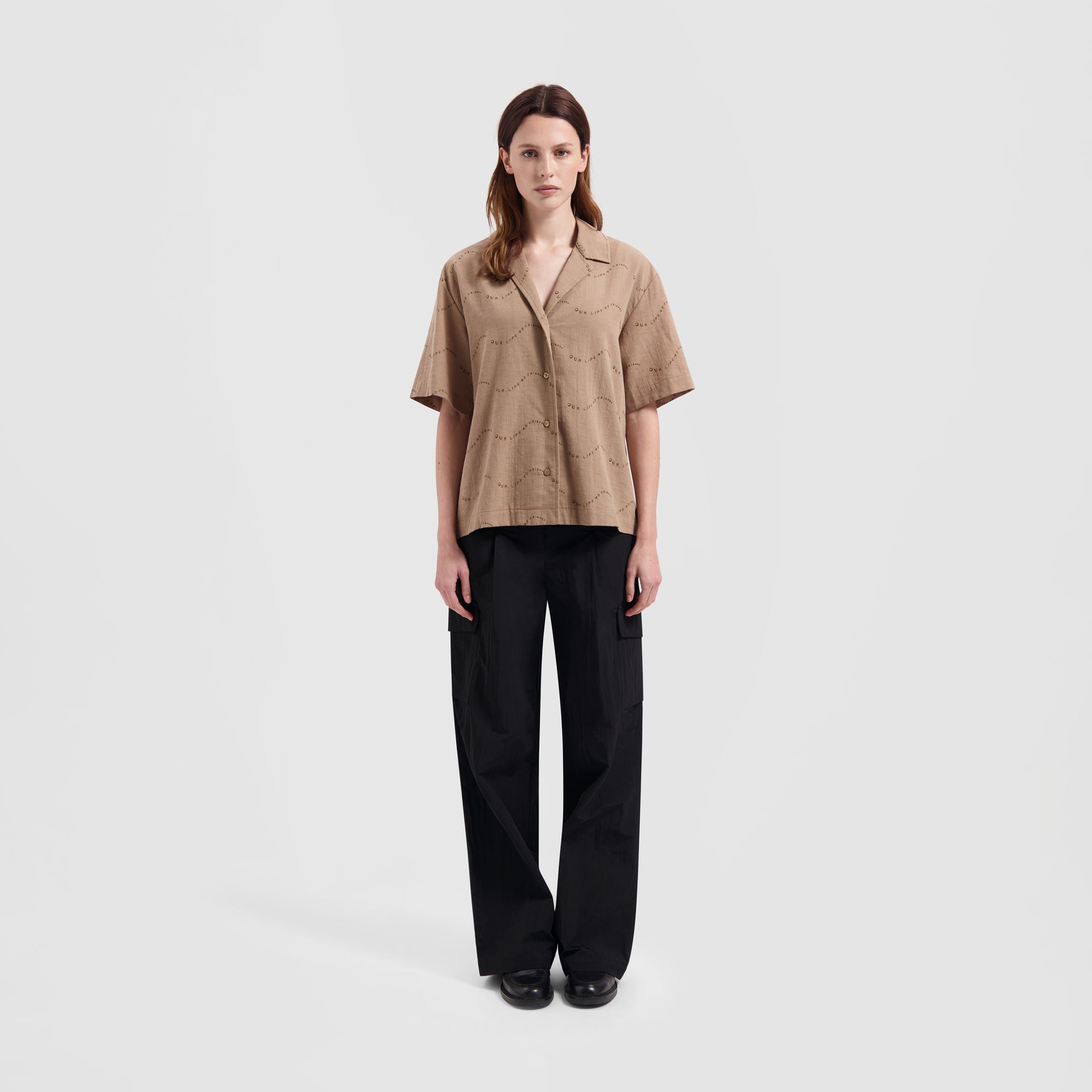 WMN Open Collar Shirt SS - Brown