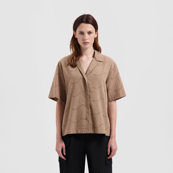WMN Open Collar Shirt SS - Brown
