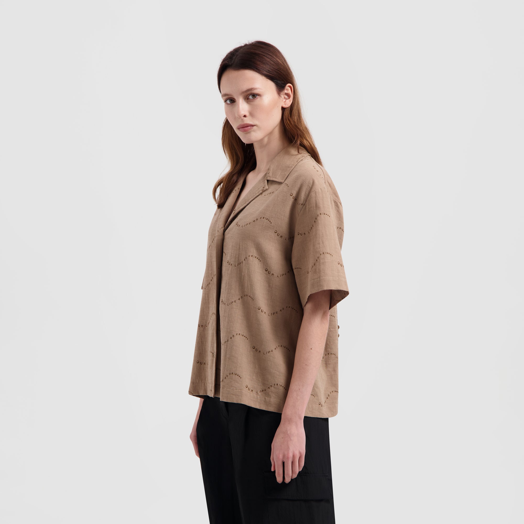 WMN Open Collar Shirt SS - Brown