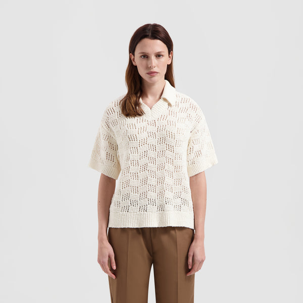 WMN Check Knitted Polo - Off White