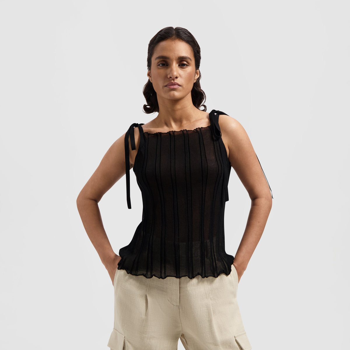 WMN KNITTED TIE TANK TOP | BLACK