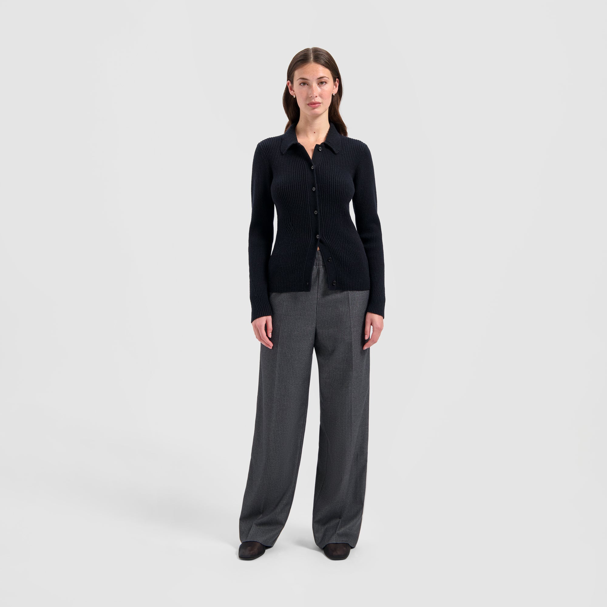 Merino Ribbed Knit Cardigan - Black