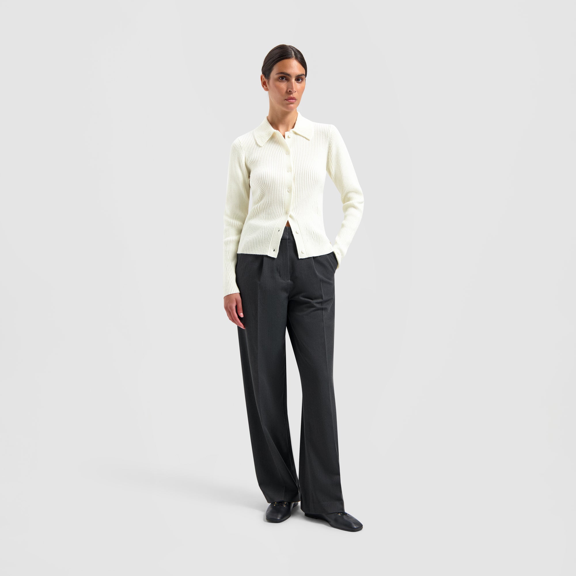 Merino Ribbed Knit Cardigan - Off White