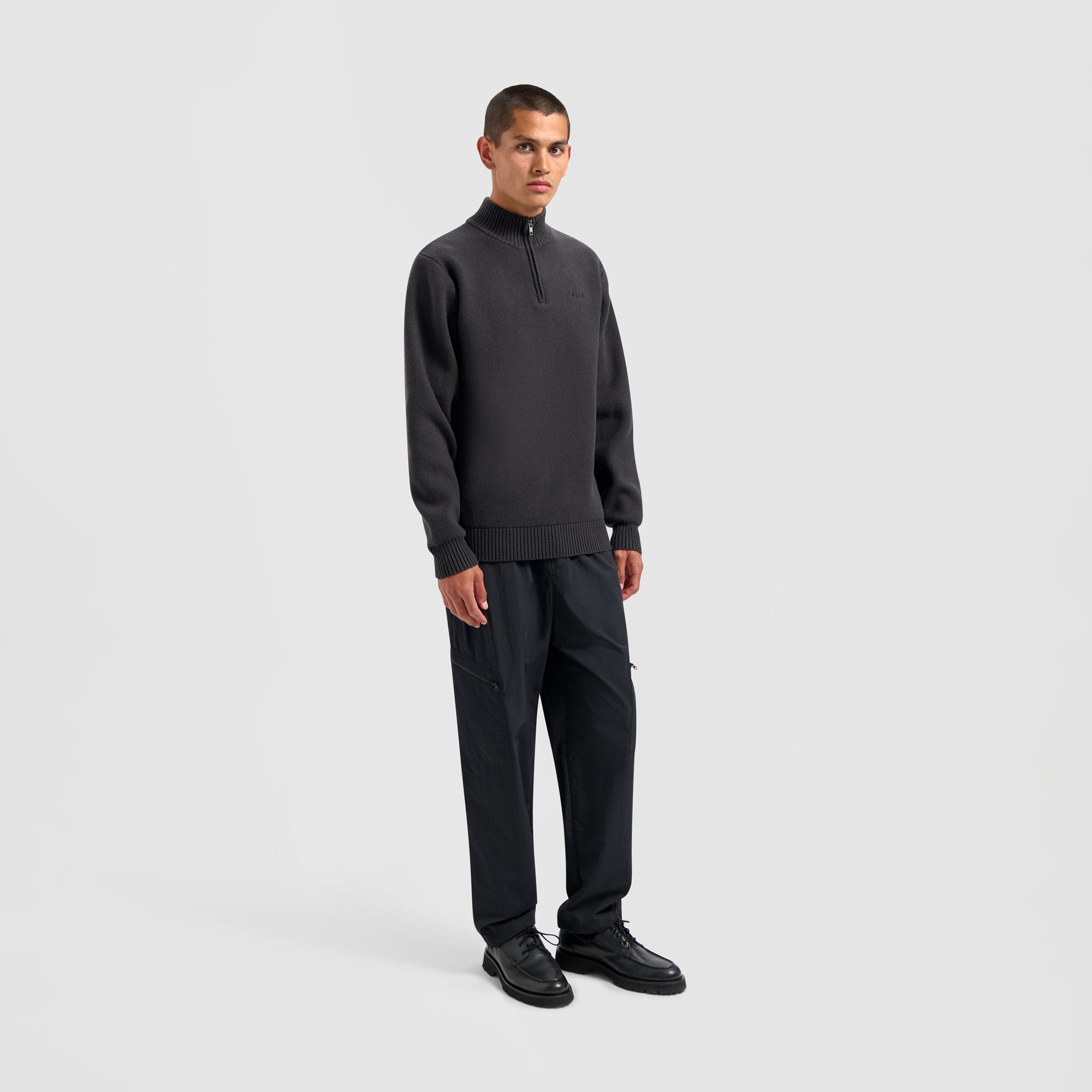 Knitted Zip Mock Neck - Charcoal Grey