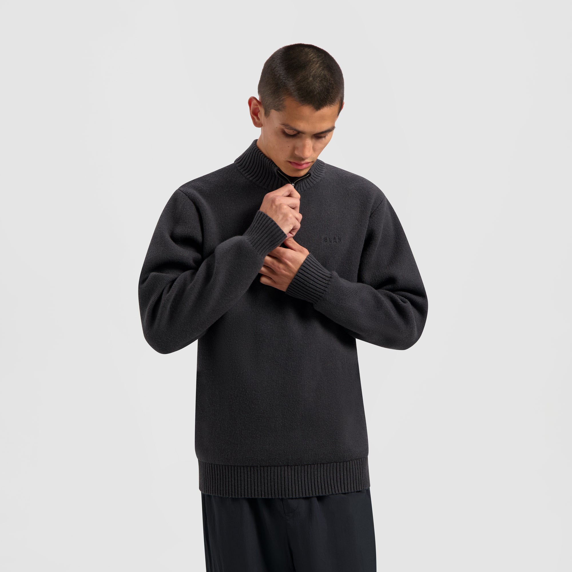 Knitted Zip Mock Neck - Charcoal Grey