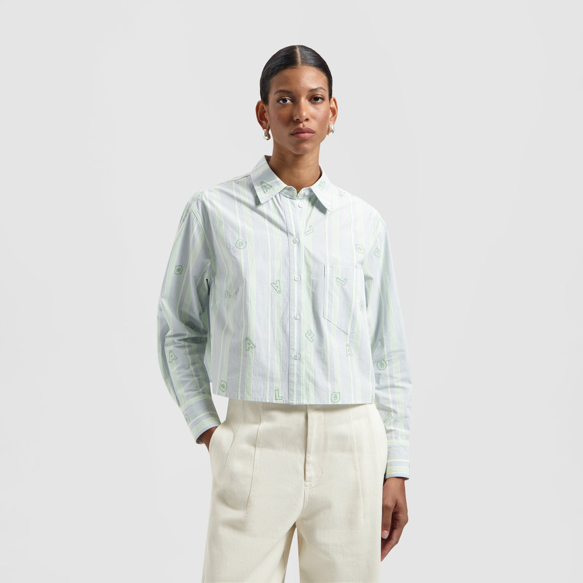 EMBRO LOGO STRIPE CROPPED SHIRT LS | GREEN / BLUE