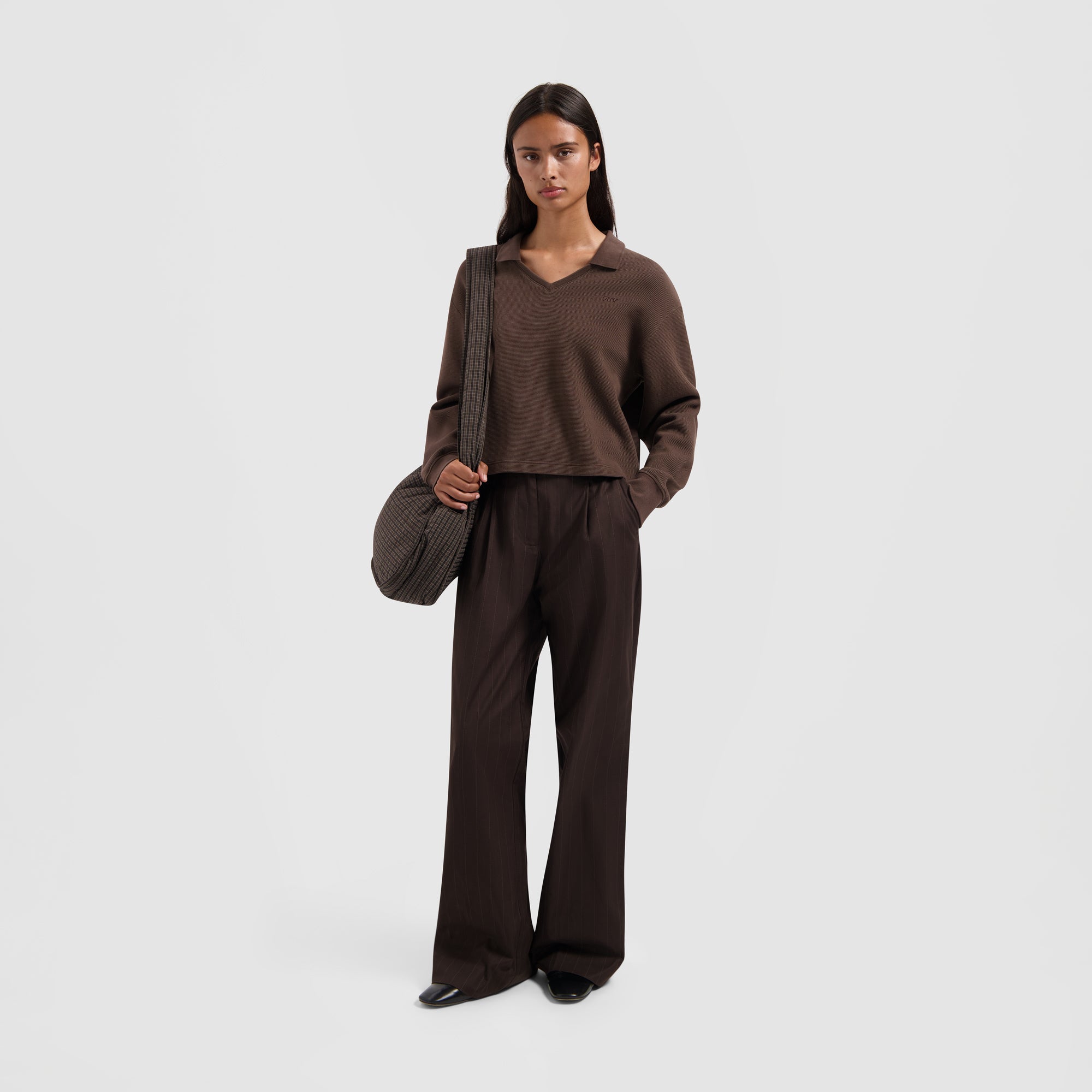 Waffle Polo Top Long Sleeve - Hot Fudge