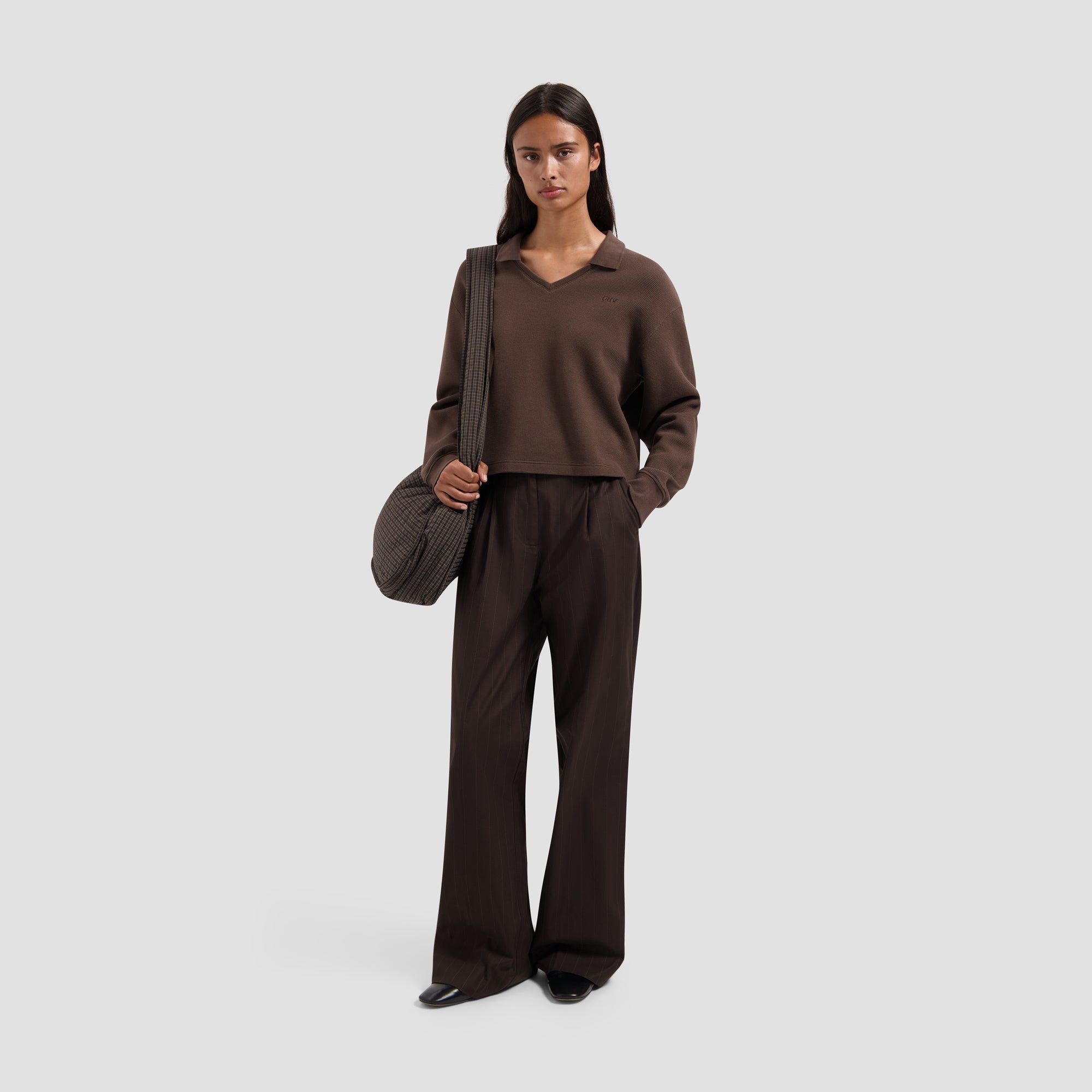 Waffle Polo Top Long Sleeve - Hot Fudge