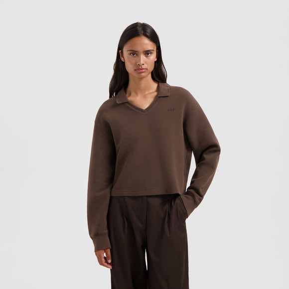 Waffle Polo Top Long Sleeve - Hot Fudge