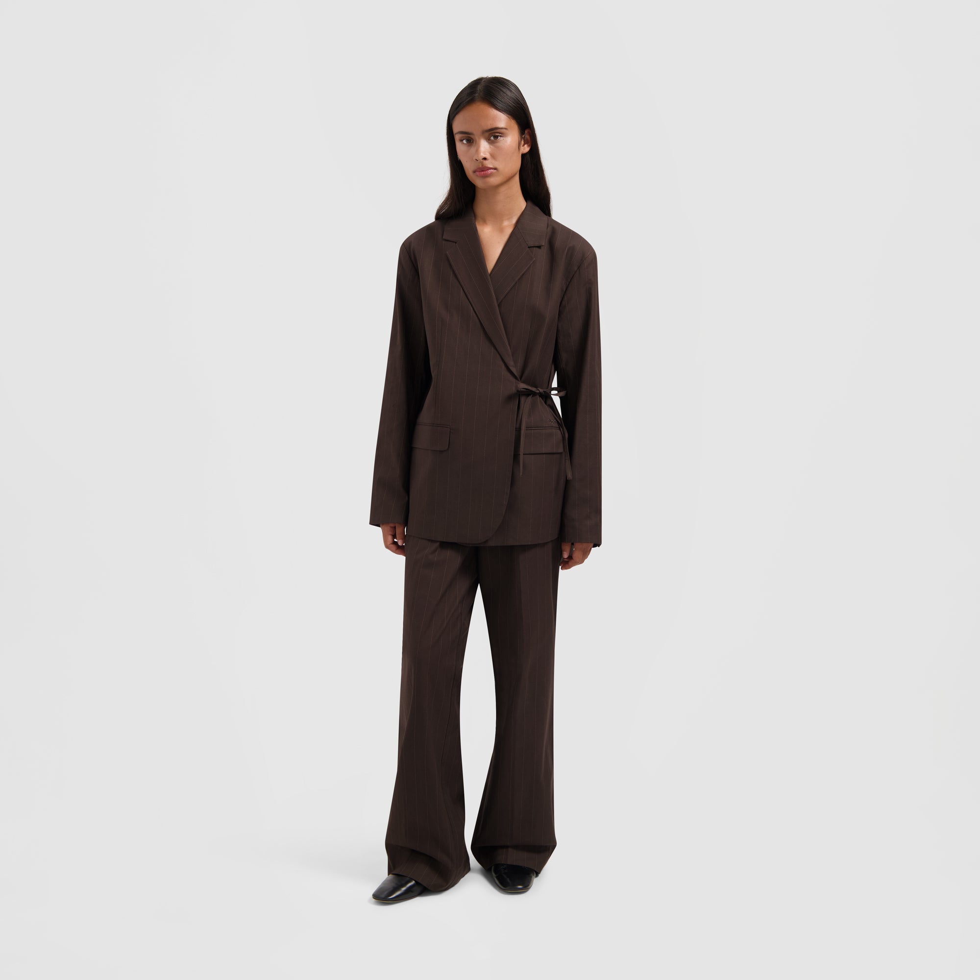 Pinstripe Tie Detail Blazer - Hot Fudge