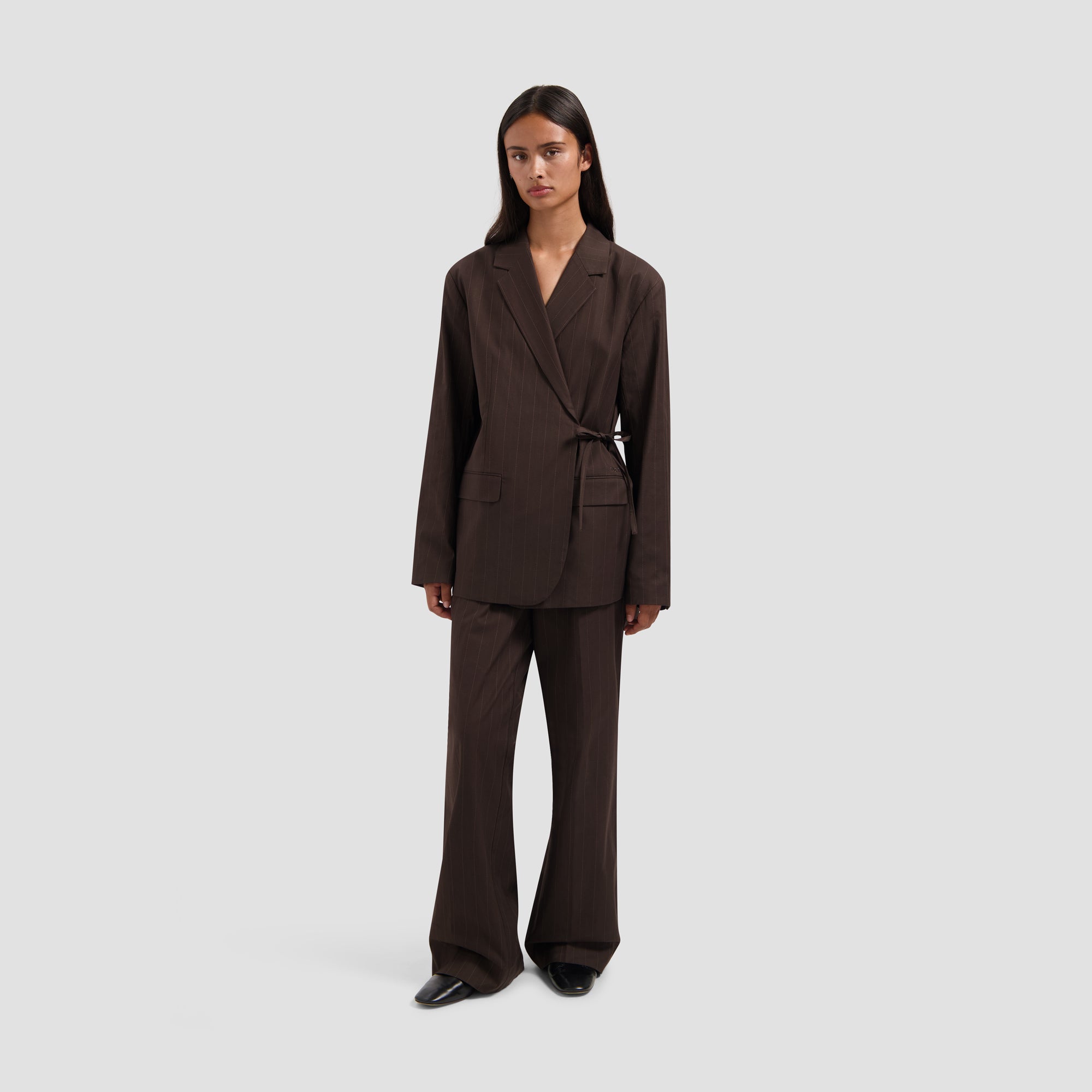 Pinstripe Tie Detail Blazer - Hot Fudge