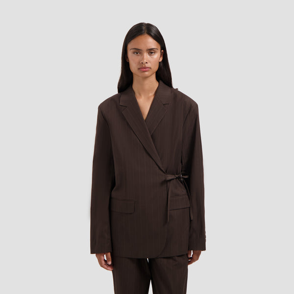 Pinstripe Tie Detail Blazer - Hot Fudge