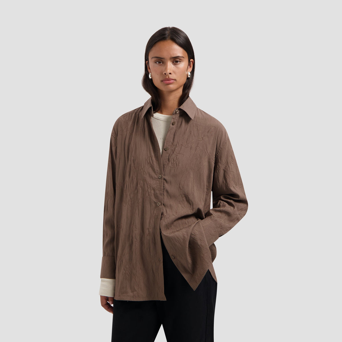 MONOGRAM EMBRO OVERSIZED SHIRT | TAUPE