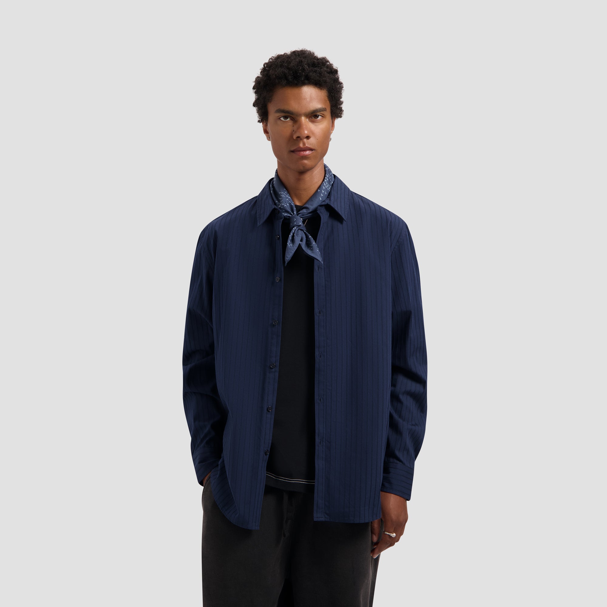 Stitched Striped Relaxed Shirt - Navy