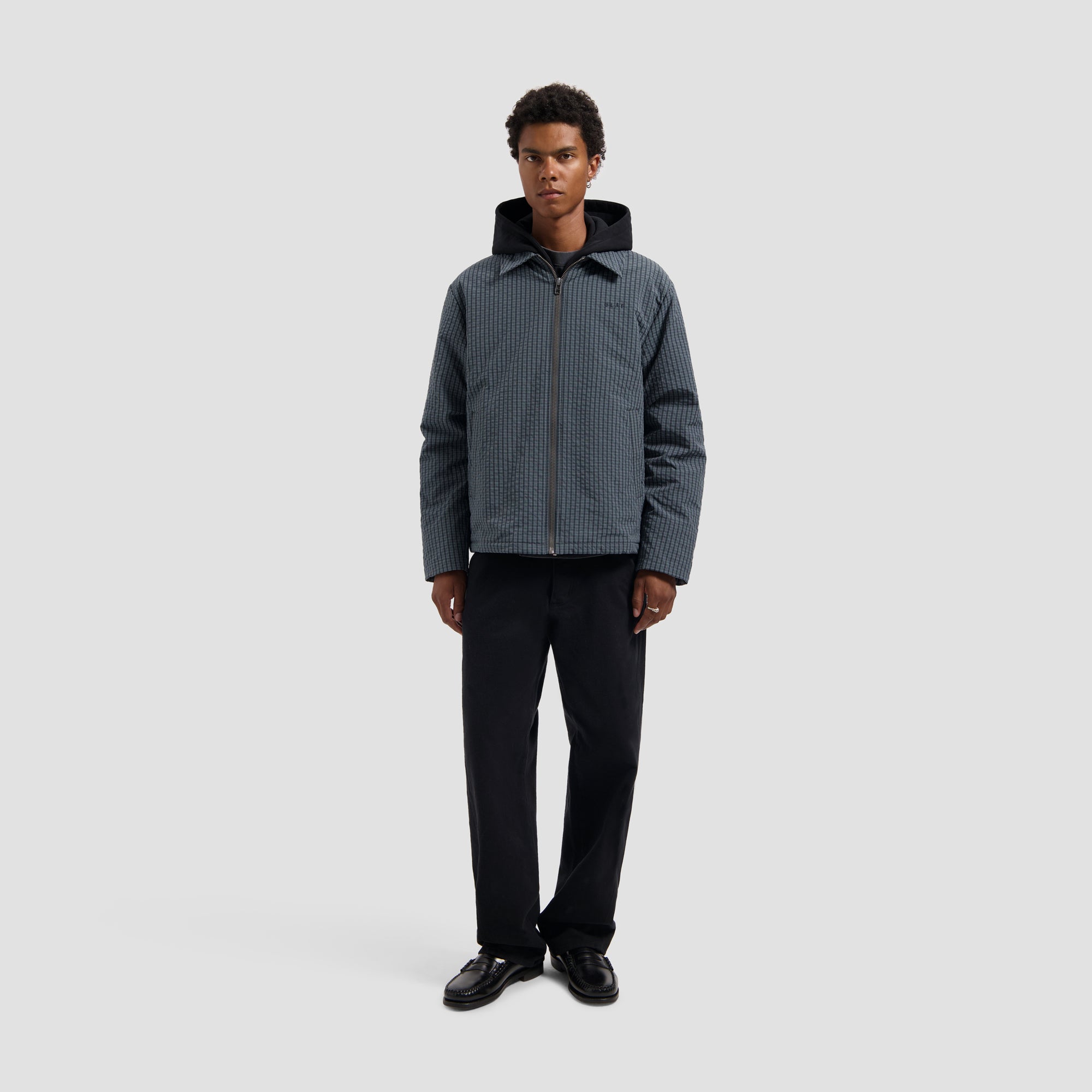 Checked Padded Coach Jacket - Navy