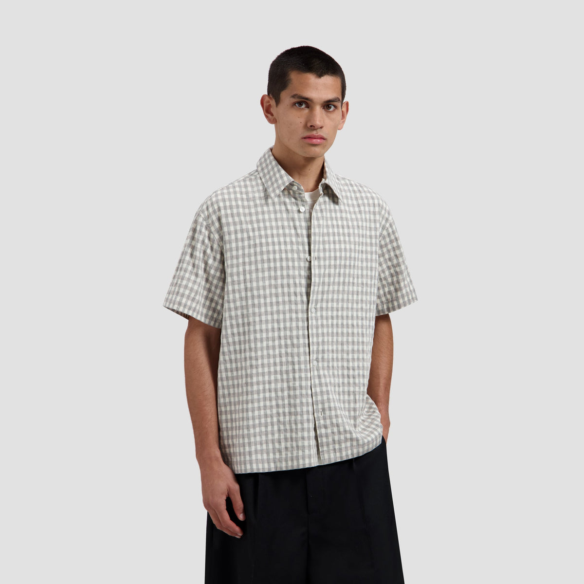 CHECK BOXY SS SHIRT | HEATHER GREY
