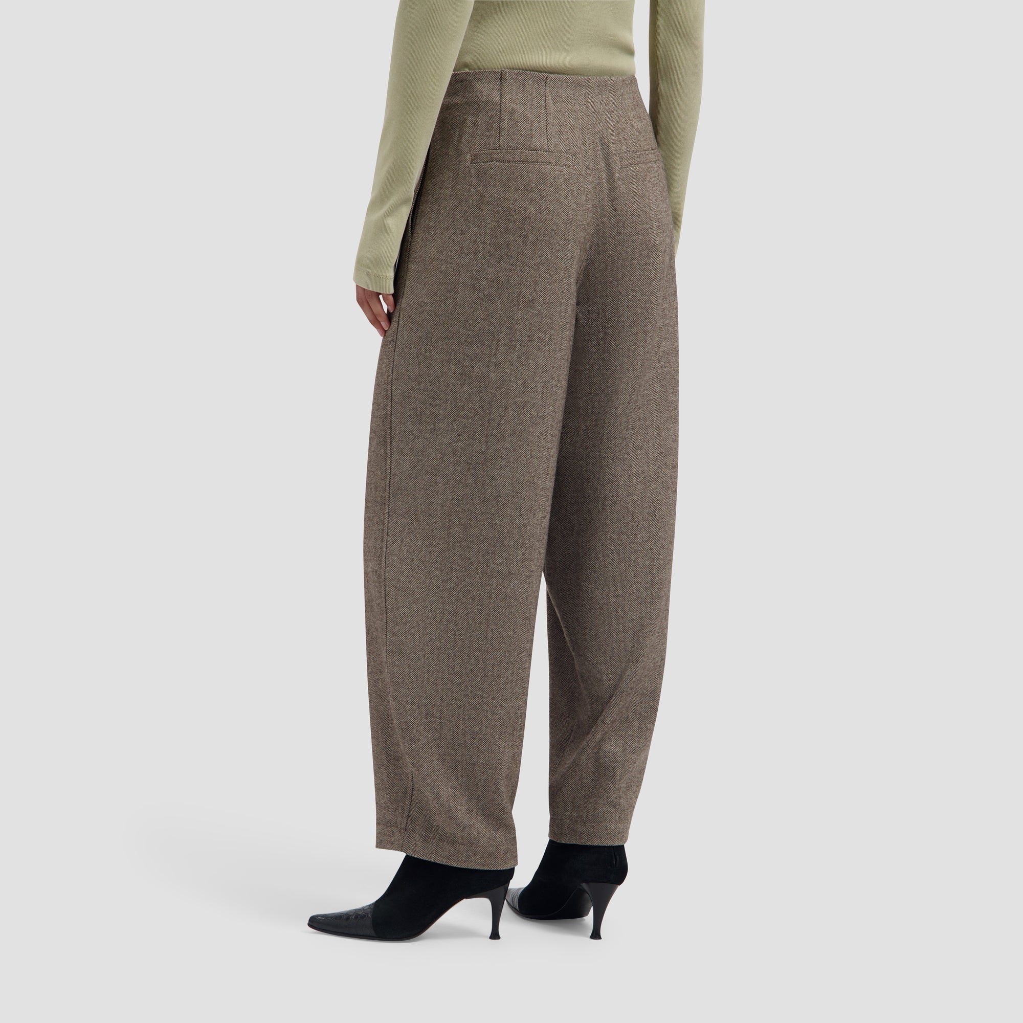Wool Herringbone Barrel Leg Pant - Chocolate Chip