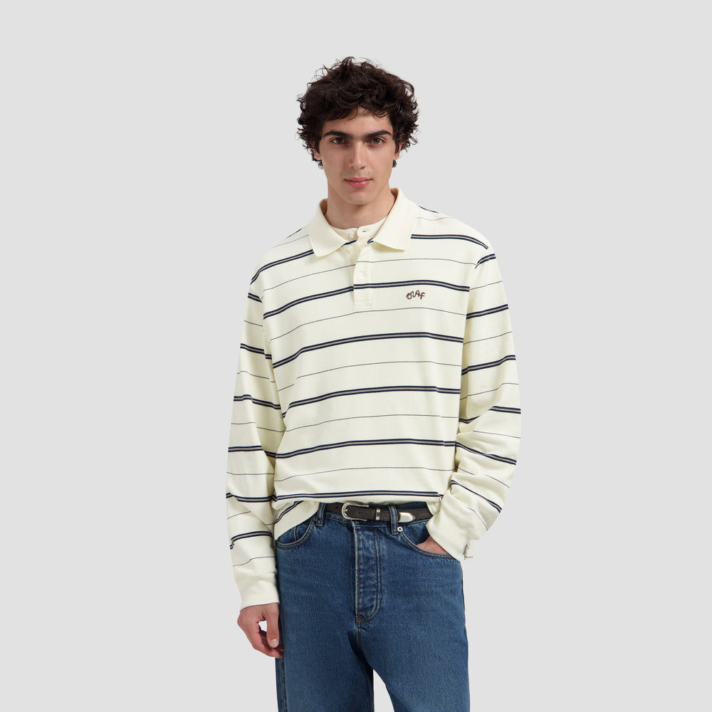 Striped Signature LS Polo - Off White/ Navy Stripe