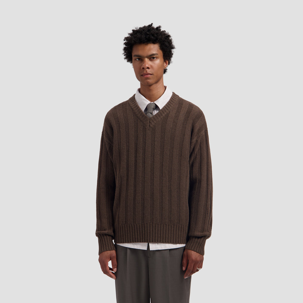 Ribbed Knitted V-Neck - Chocolate Chip
