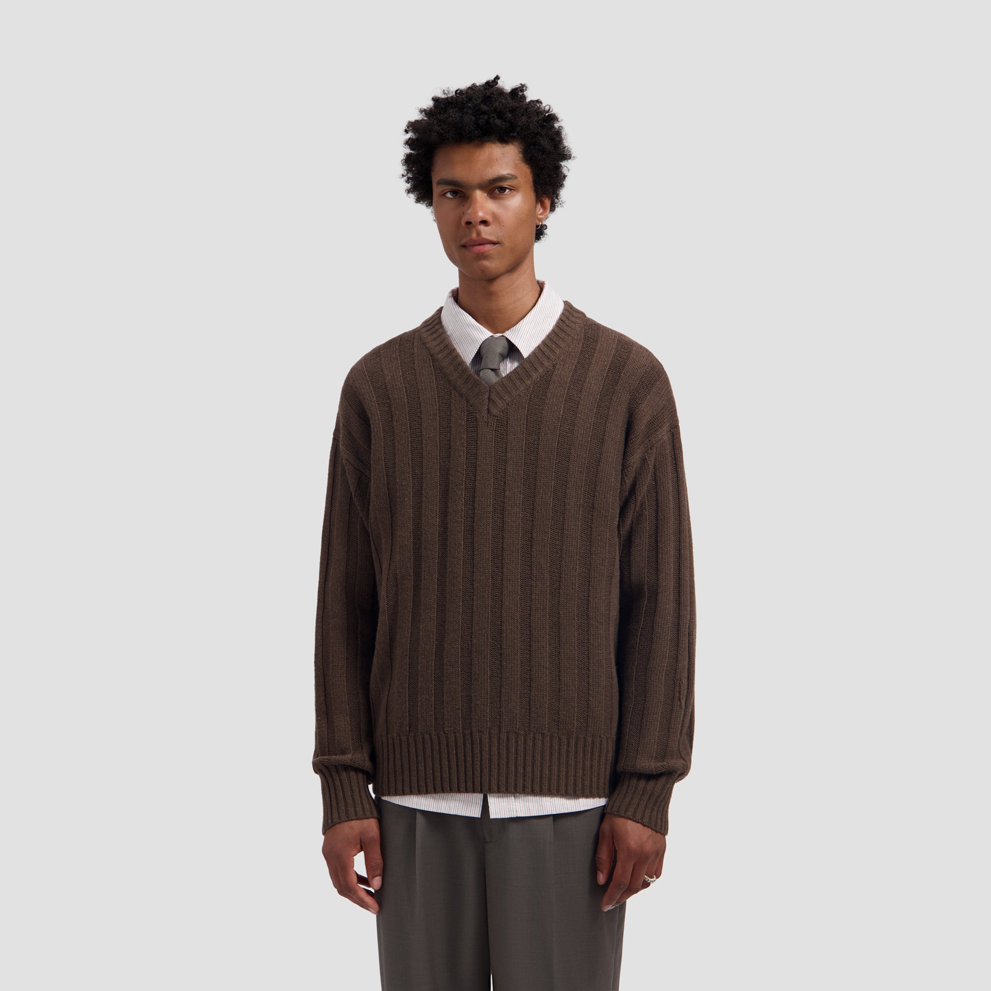 Ribbed Knitted V-Neck - Chocolate Chip