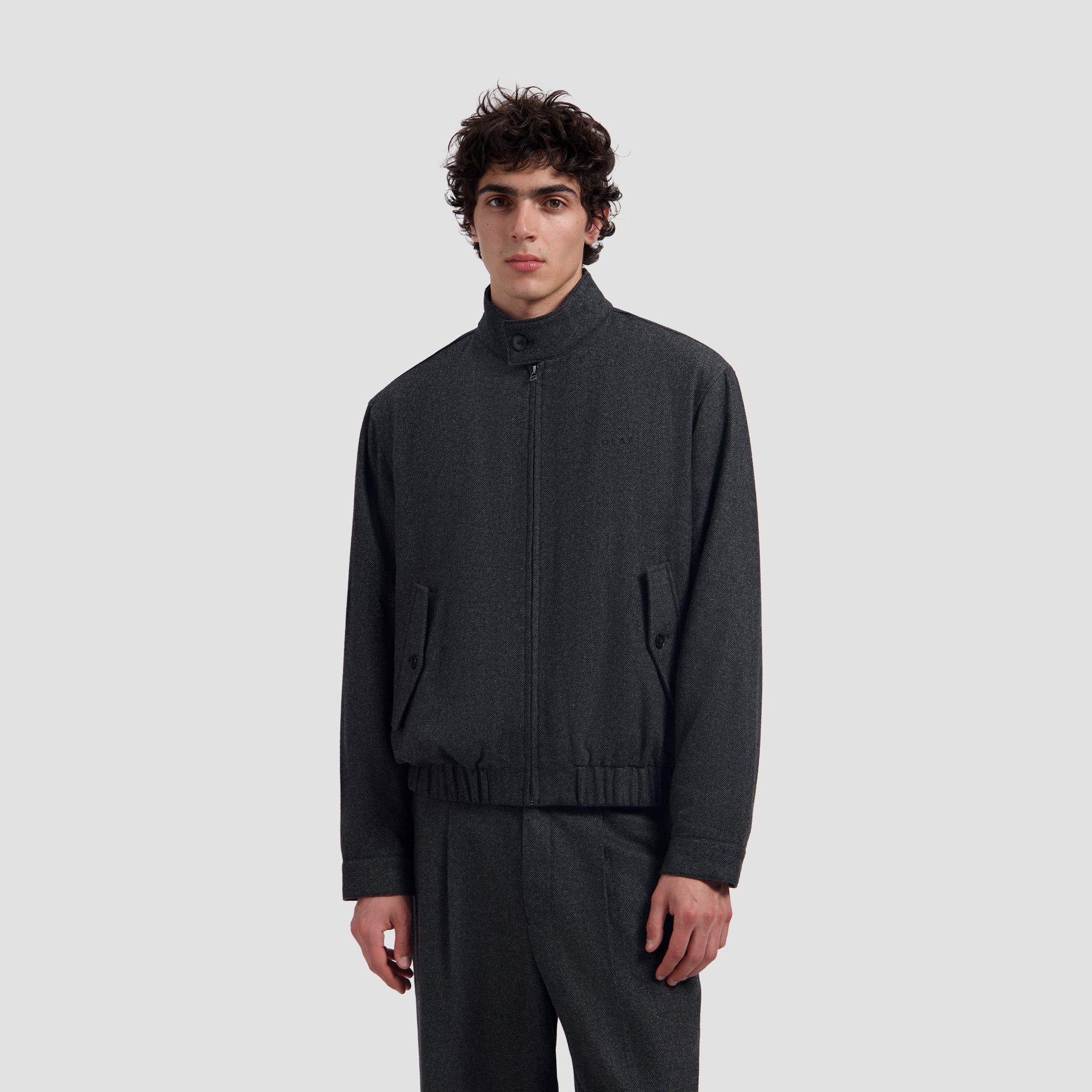 Wool Herringbone Zip Jacket - Charcoal