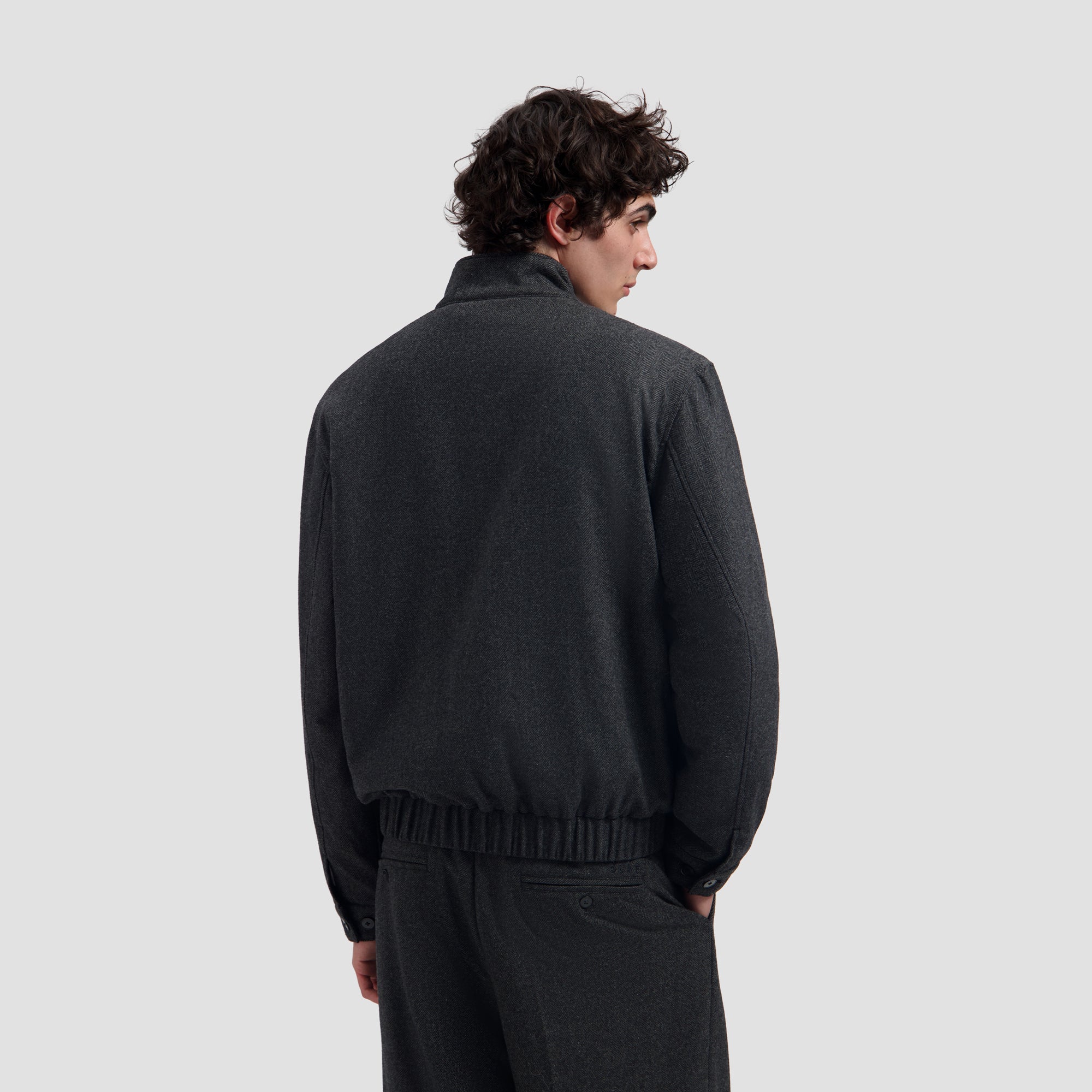 Wool Herringbone Zip Jacket - Charcoal