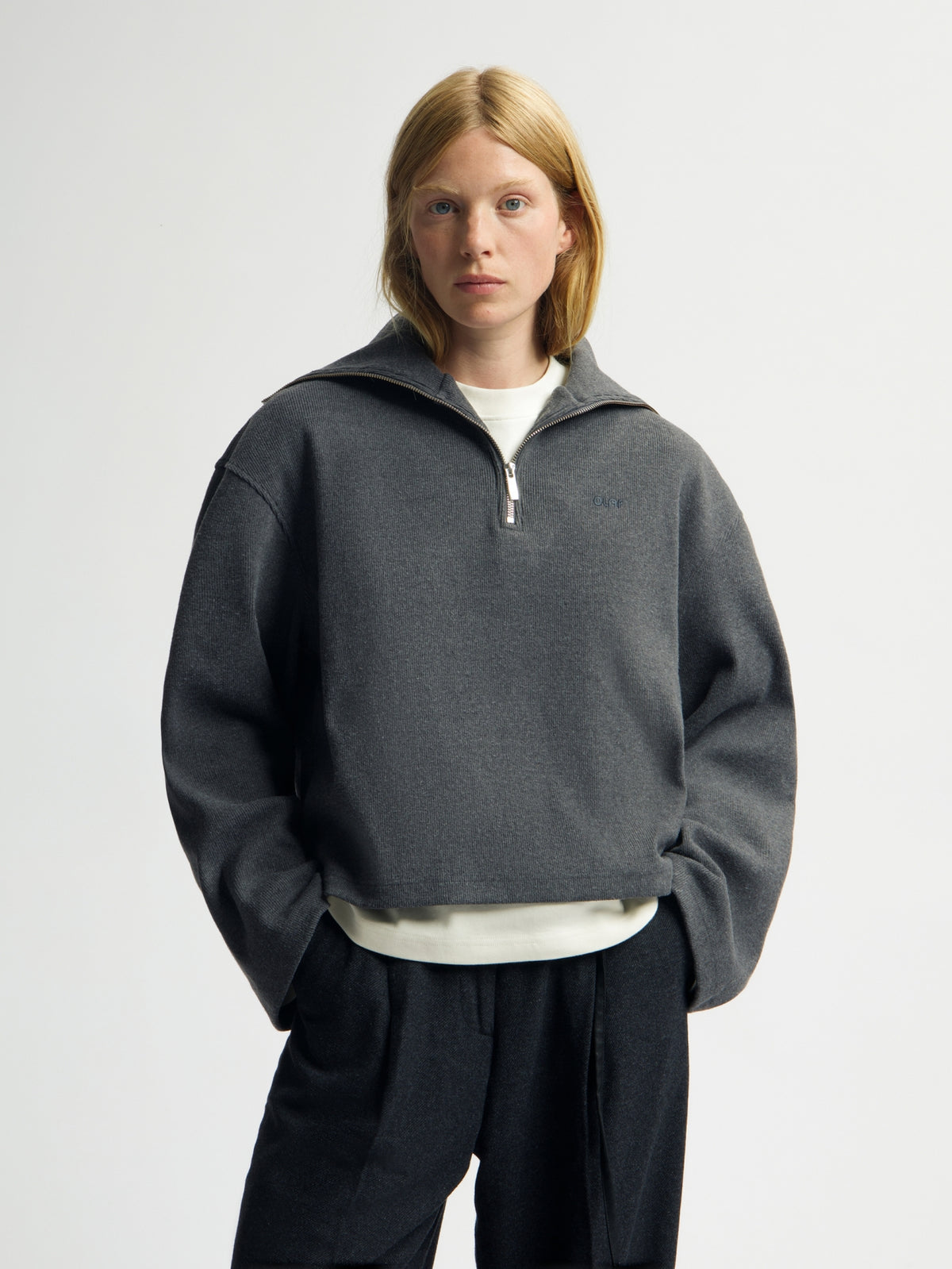 HALF ZIP RIB SWEAT | CHARCOAL