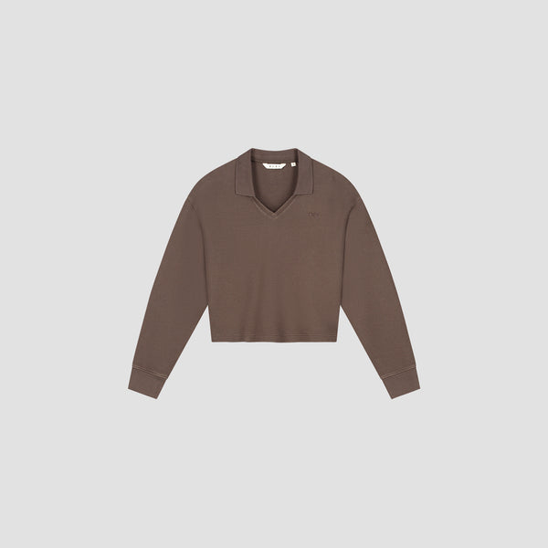 Waffle Polo Top Long Sleeve - Hot Fudge